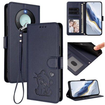 Embossed Heart Cat Leather Phone Case with Hand Strap, For Honor GT, For Honor X60 / Honor X9c Smart