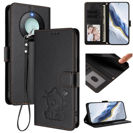 Embossed Heart Cat Leather Phone Case with Hand Strap, For Honor GT, For Honor X60 / Honor X9c Smart