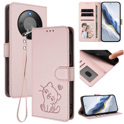 Embossed Heart Cat Leather Phone Case with Hand Strap, For Honor X70 5G, For Honor X6c 4G / X5b / X5b Plus