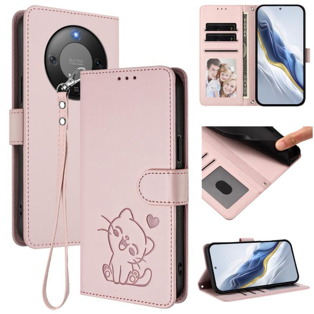 Embossed Heart Cat Leather Phone Case with Hand Strap, For Honor X70 5G, For Honor X6c 4G / X5b / X5b Plus
