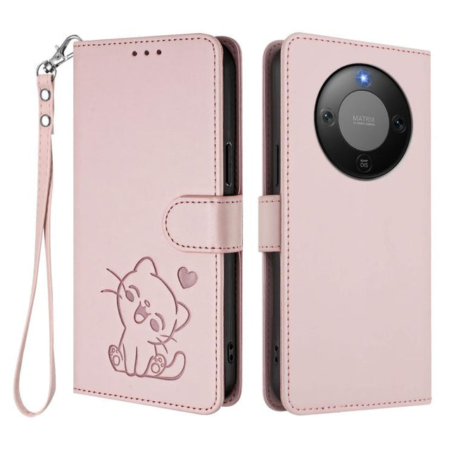 Embossed Heart Cat Leather Phone Case with Hand Strap, For Honor X70 5G, For Honor X6c 4G / X5b / X5b Plus