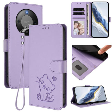 Embossed Heart Cat Leather Phone Case with Hand Strap, For Honor X70 5G, For Honor X6c 4G / X5b / X5b Plus