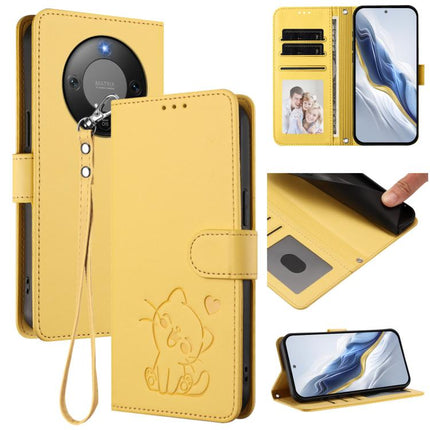 Embossed Heart Cat Leather Phone Case with Hand Strap, For Honor X70 5G, For Honor X6c 4G / X5b / X5b Plus