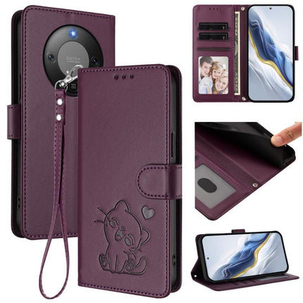 Embossed Heart Cat Leather Phone Case with Hand Strap, For Honor X70 5G, For Honor X6c 4G / X5b / X5b Plus
