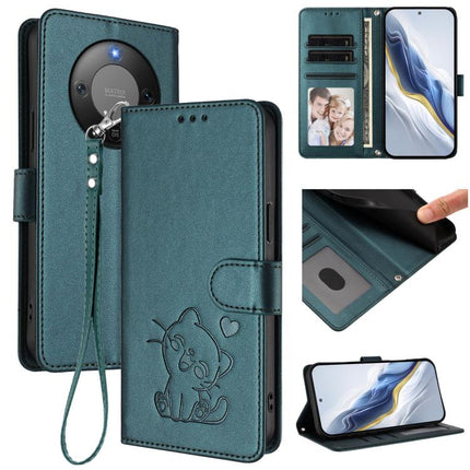 Embossed Heart Cat Leather Phone Case with Hand Strap, For Honor X70 5G, For Honor X6c 4G / X5b / X5b Plus