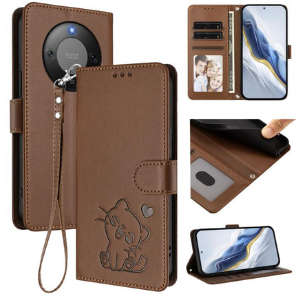 Embossed Heart Cat Leather Phone Case with Hand Strap, For Honor X70 5G, For Honor X6c 4G / X5b / X5b Plus