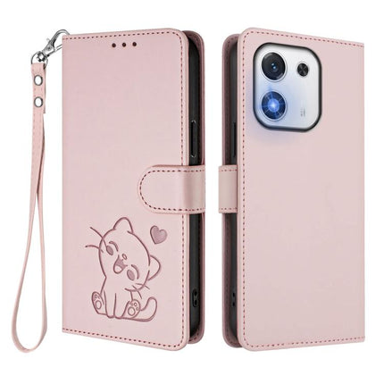 Embossed Heart Cat Leather Phone Case with Hand Strap, For Honor X70i, For Honor GT Pro