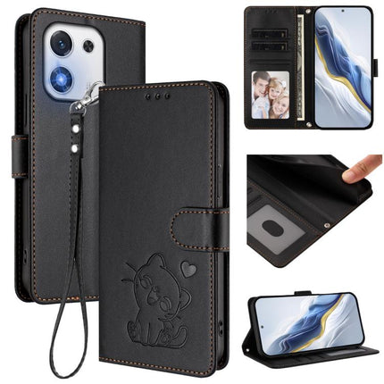 Embossed Heart Cat Leather Phone Case with Hand Strap, For Honor X70i, For Honor GT Pro