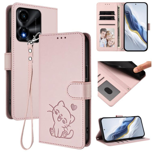 Embossed Heart Cat Leather Phone Case with Hand Strap, For Honor X5c Plus, For Honor 400 Smart 5G