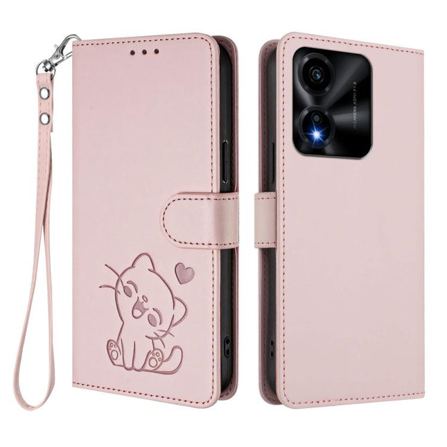 Embossed Heart Cat Leather Phone Case with Hand Strap, For Honor X5c Plus, For Honor 400 Smart 5G