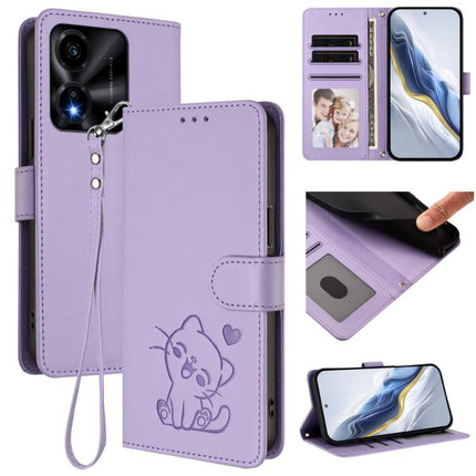 Embossed Heart Cat Leather Phone Case with Hand Strap, For Honor X5c Plus, For Honor 400 Smart 5G
