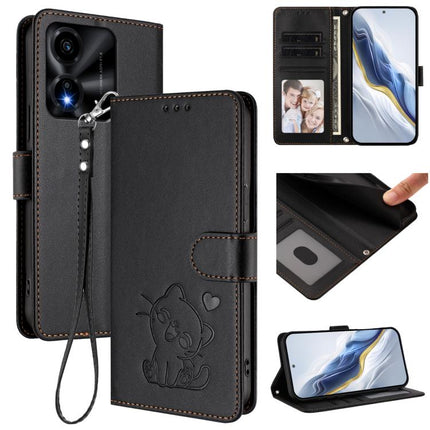 Embossed Heart Cat Leather Phone Case with Hand Strap, For Honor X5c Plus, For Honor 400 Smart 5G