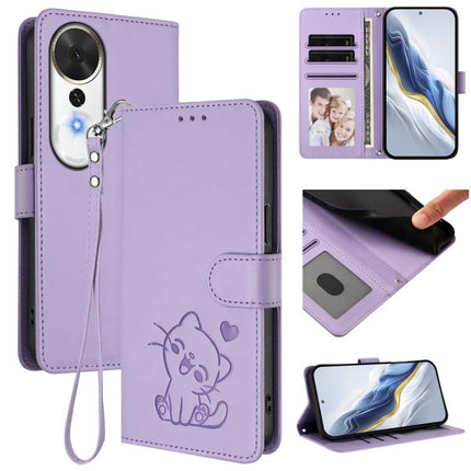 Embossed Heart Cat Leather Phone Case with Hand Strap, For Honor Magic8, For Honor Play 70 Plus