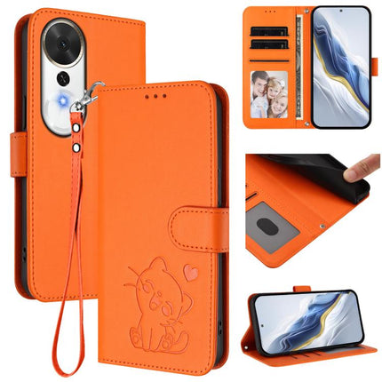 Embossed Heart Cat Leather Phone Case with Hand Strap, For Honor Magic8, For Honor Play 70 Plus
