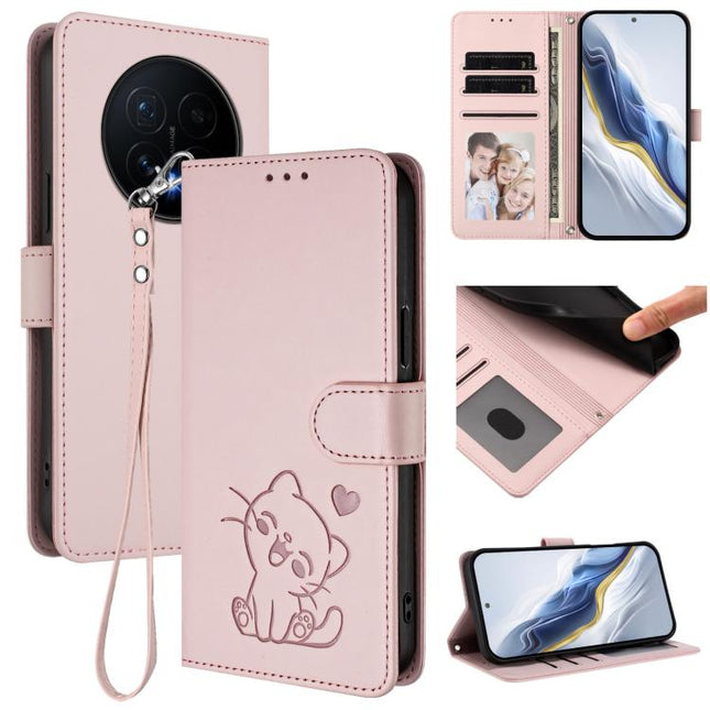 Embossed Heart Cat Leather Phone Case with Hand Strap, For Honor Magic8, For Honor Play 70 Plus