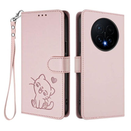 Embossed Heart Cat Leather Phone Case with Hand Strap, For Honor Magic8, For Honor Play 70 Plus