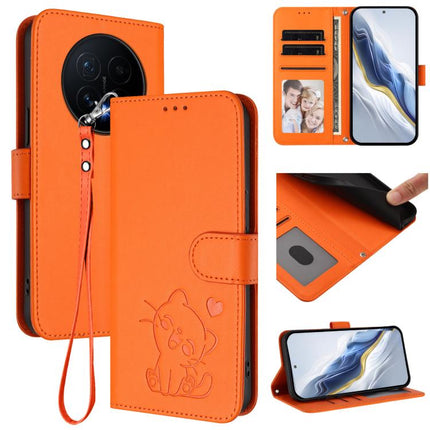 Embossed Heart Cat Leather Phone Case with Hand Strap, For Honor Magic8, For Honor Play 70 Plus