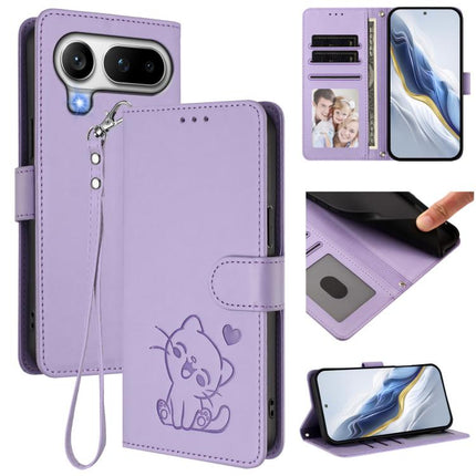Embossed Heart Cat Leather Phone Case with Hand Strap, For Honor 600 Lite Global, For Honor Magic8 Pro Air 5G