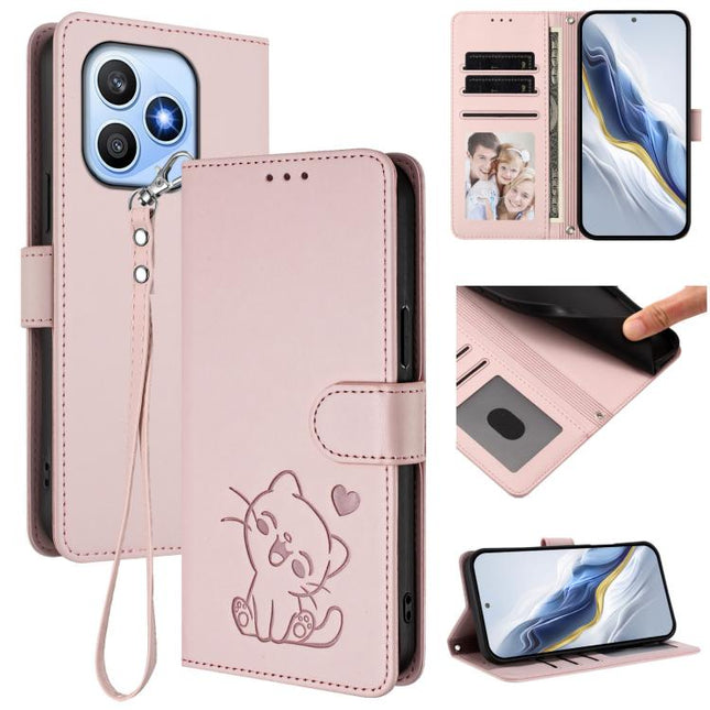 Embossed Heart Cat Leather Phone Case with Hand Strap, For Honor X8d 4G, For Honor Magic8 Pro