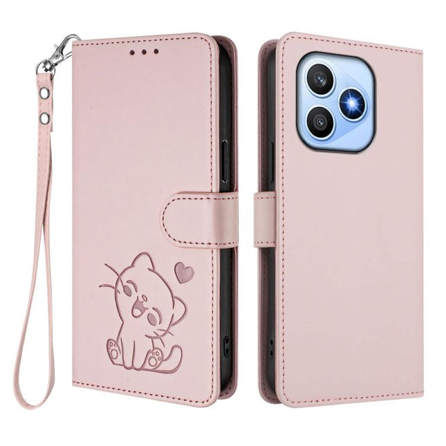 Embossed Heart Cat Leather Phone Case with Hand Strap, For Honor X8d 4G, For Honor Magic8 Pro