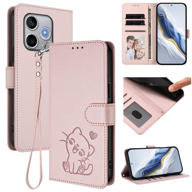 Embossed Heart Cat Leather Phone Case with Hand Strap, For Honor 600 Lite Global, For Honor Magic8 Pro Air 5G