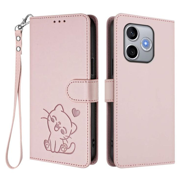 Embossed Heart Cat Leather Phone Case with Hand Strap, For Honor 600 Lite Global, For Honor Magic8 Pro Air 5G