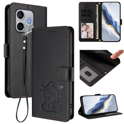 Embossed Heart Cat Leather Phone Case with Hand Strap, For Honor 600 Lite Global, For Honor Magic8 Pro Air 5G