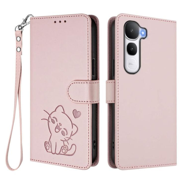Embossed Heart Cat Leather Phone Case with Hand Strap, For vivo Y400 5G, For vivo iQOO Neo 10+ 5G