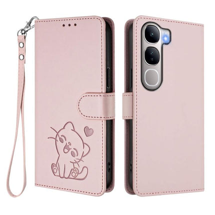 Embossed Heart Cat Leather Phone Case with Hand Strap, For vivo Y300 / V40 Lite 4G / 5G IDN, For vivo X200