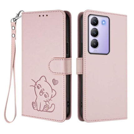 Embossed Heart Cat Leather Phone Case with Hand Strap, For vivo Y100 4G IDN / V30 Lite 4G / V30 SE, For vivo iQOO Z9s / vivo V40e