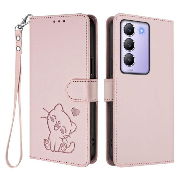 Embossed Heart Cat Leather Phone Case with Hand Strap, For vivo Y100 4G IDN / V30 Lite 4G / V30 SE, For vivo iQOO Z9s / vivo V40e