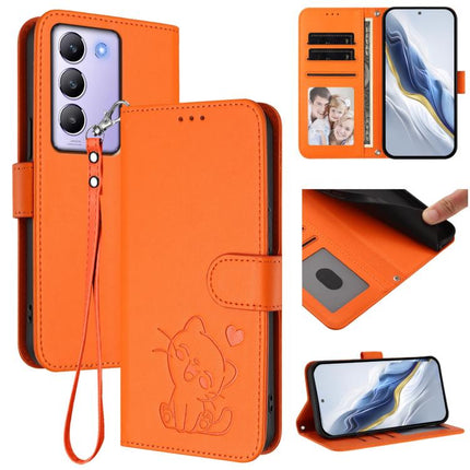 Embossed Heart Cat Leather Phone Case with Hand Strap, For vivo Y100 4G IDN / V30 Lite 4G / V30 SE, For vivo iQOO Z9s / vivo V40e