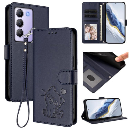 Embossed Heart Cat Leather Phone Case with Hand Strap, For vivo Y100 4G IDN / V30 Lite 4G / V30 SE, For vivo iQOO Z9s / vivo V40e