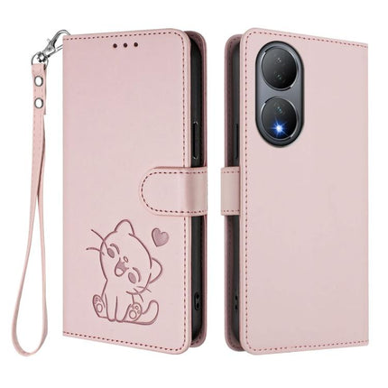 Embossed Heart Cat Leather Phone Case with Hand Strap, For vivo Y100 5G / vivo Y100A Global, For vivo S16 / S16 Pro / V27 / V27 Pro