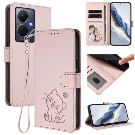 Embossed Heart Cat Leather Phone Case with Hand Strap, For vivo Y02 / Y02A / Y02t / Y11 2023, For vivo Y78 / Y78+ / V29 Lite