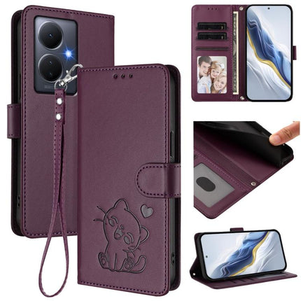 Embossed Heart Cat Leather Phone Case with Hand Strap, For vivo Y02 / Y02A / Y02t / Y11 2023, For vivo Y78 / Y78+ / V29 Lite