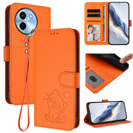 Embossed Heart Cat Leather Phone Case with Hand Strap, For vivo Y38 / vivo T3x Global, For vivo iQOO Z9x
