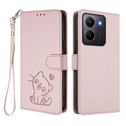 Embossed Heart Cat Leather Phone Case with Hand Strap, For vivo Y36 5G / 4G / Y27 / Y27s Global, For vivo S17 / S17 Pro / S17t / V29 / V29 Pro