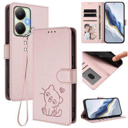 Embossed Heart Cat Leather Phone Case with Hand Strap, For vivo Y17s 4G Global / vivo Y17s 5G India, For vivo Y35+ / Y35m+ / Y27 4G 2023