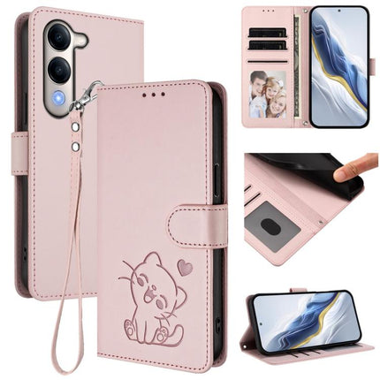 Embossed Heart Cat Leather Phone Case with Hand Strap, For vivo Y29s 5G / vivo Y04 4G Global, For vivo Y19s / vivo Y29 5G