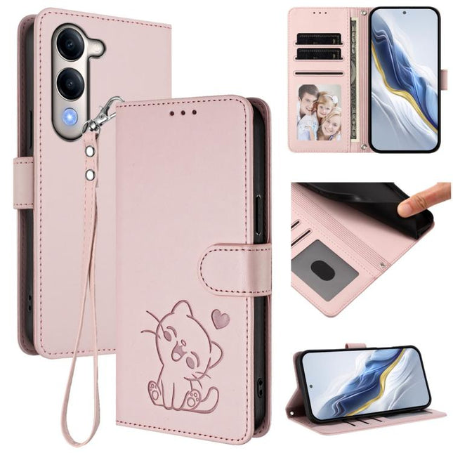 Embossed Heart Cat Leather Phone Case with Hand Strap, For vivo Y29s 5G / vivo Y04 4G Global, For vivo Y19s / vivo Y29 5G