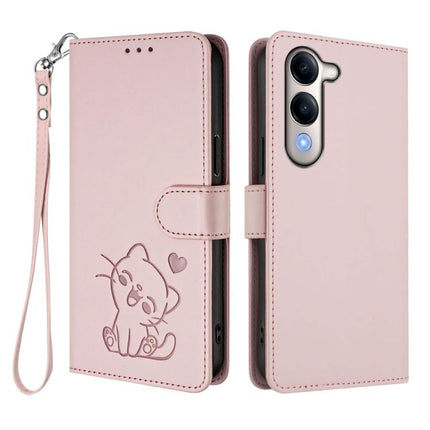 Embossed Heart Cat Leather Phone Case with Hand Strap, For vivo Y29s 5G / vivo Y04 4G Global, For vivo Y19s / vivo Y29 5G