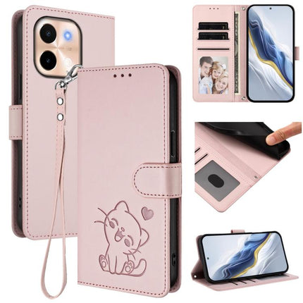 Embossed Heart Cat Leather Phone Case with Hand Strap, For vivo S19, For vivo Y28 4G Global