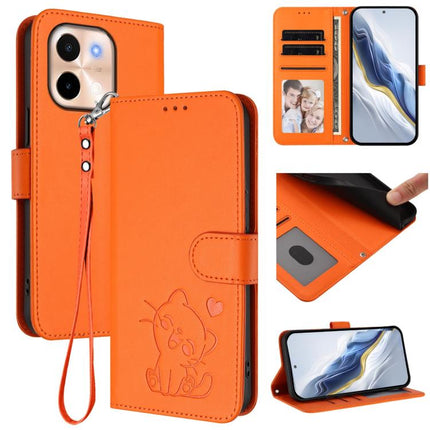 Embossed Heart Cat Leather Phone Case with Hand Strap, For vivo S19, For vivo Y28 4G Global