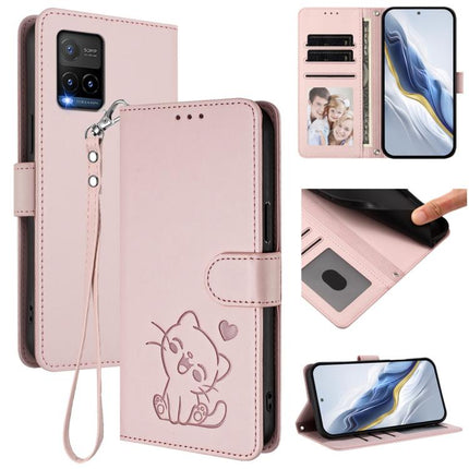 Embossed Heart Cat Leather Phone Case with Hand Strap, For vivo Y21t / vivo Y21e