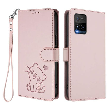 Embossed Heart Cat Leather Phone Case with Hand Strap, For vivo Y21t / vivo Y21e