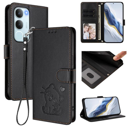 Embossed Heart Cat Leather Phone Case with Hand Strap, For vivo Y29s 5G / vivo Y04 4G Global, For vivo Y19s / vivo Y29 5G