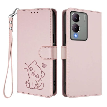 Embossed Heart Cat Leather Phone Case with Hand Strap, For vivo Y17s 4G Global / vivo Y17s 5G India, For vivo Y35+ / Y35m+ / Y27 4G 2023