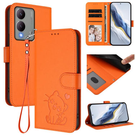 Embossed Heart Cat Leather Phone Case with Hand Strap, For vivo Y17s 4G Global / vivo Y17s 5G India, For vivo Y35+ / Y35m+ / Y27 4G 2023