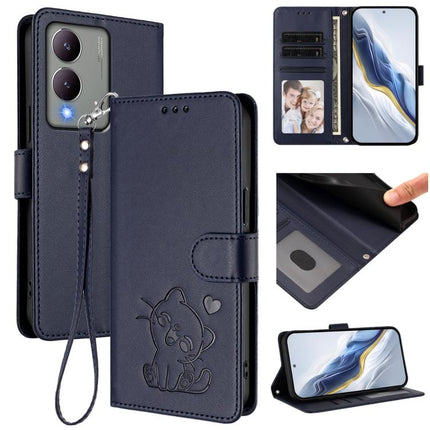 Embossed Heart Cat Leather Phone Case with Hand Strap, For vivo Y17s 4G Global / vivo Y17s 5G India, For vivo Y35+ / Y35m+ / Y27 4G 2023